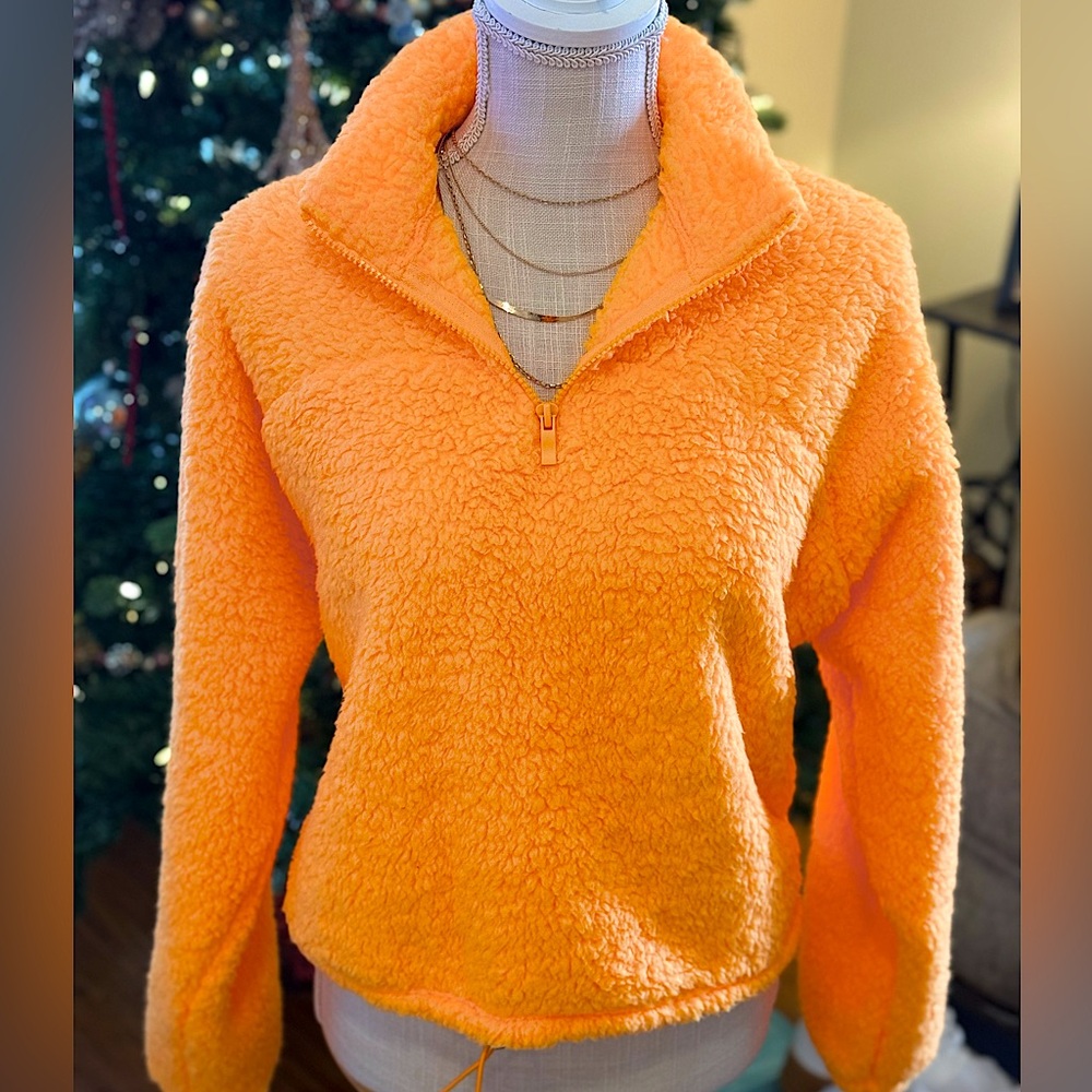 🍒BOGO50%🍒 🆕🧡ZENANA: ORANGE Soft Sherpa Drawstring w/Half Zipper Pullover XL